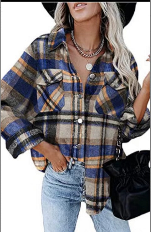 Women's Plaid Shirt Woolen Flannel Breasted Coats