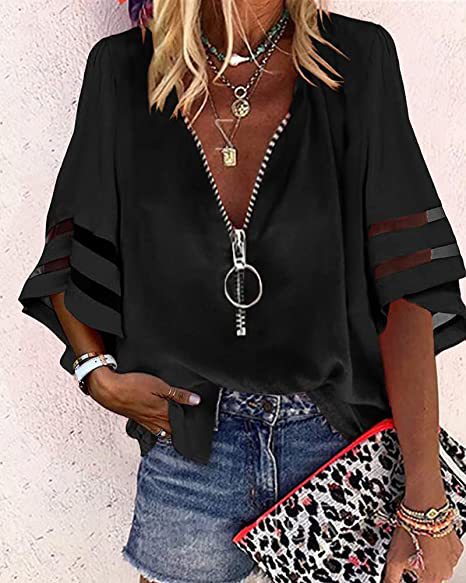 Women's Zipper Half Bell Sleeve Mesh Stitching Loose Casual Blouses