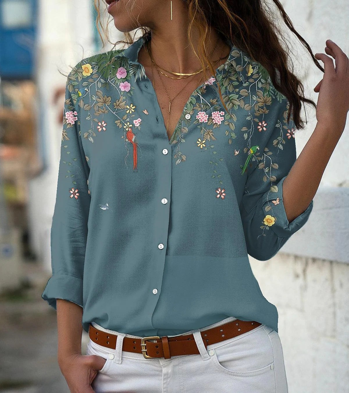 Women's Unique Print Sleeve Loose Button Blouses