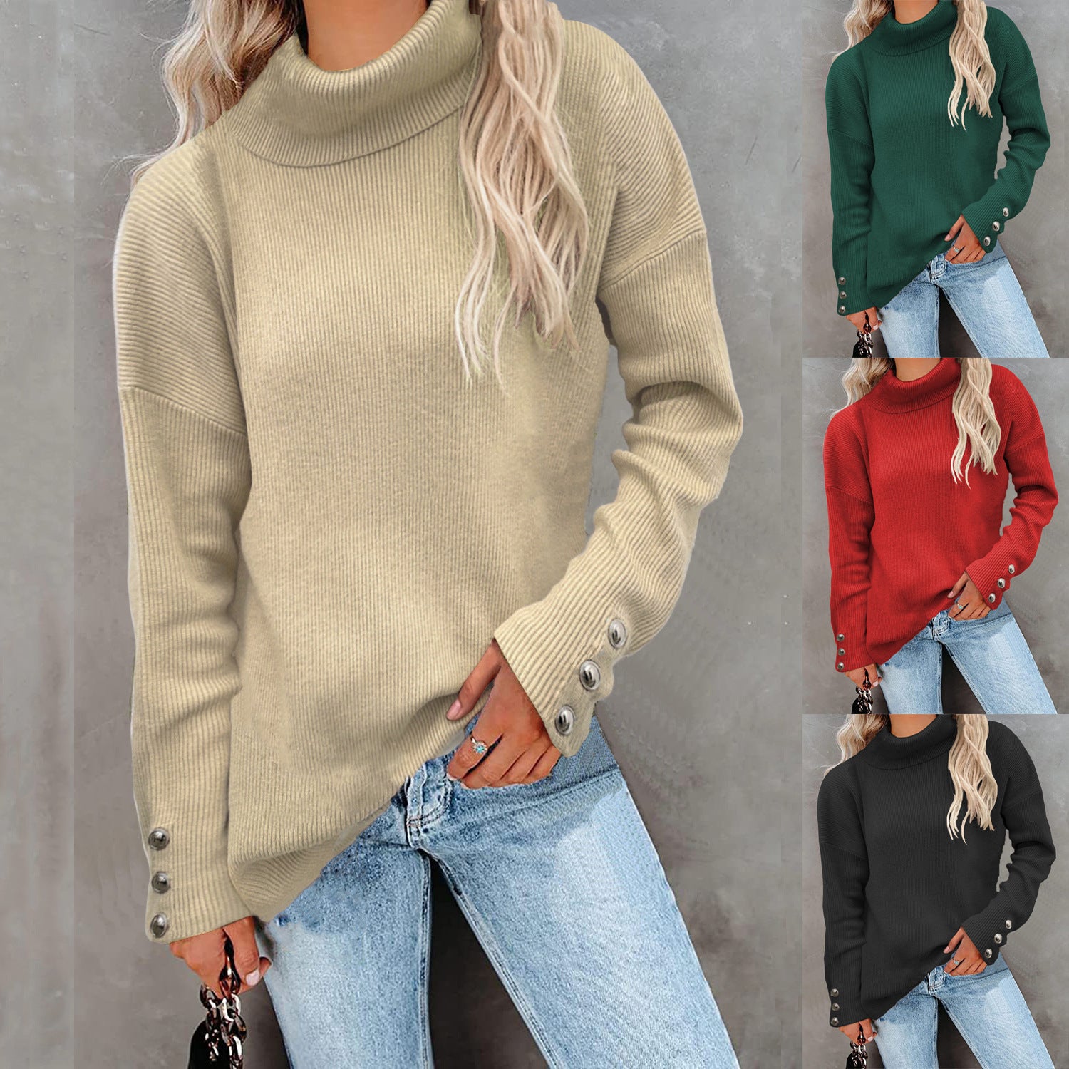 Women's Turtleneck Cuff Button Solid Color Casual Sweaters