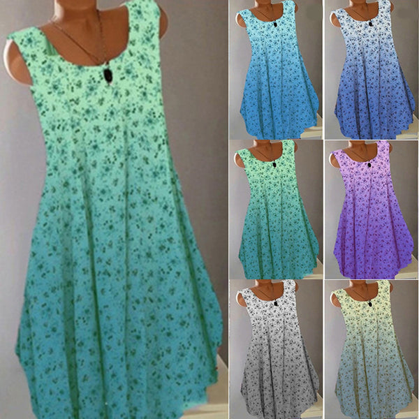 Women's Summer Fashion Round Neck Floral Gradient Sleeveless Skirts