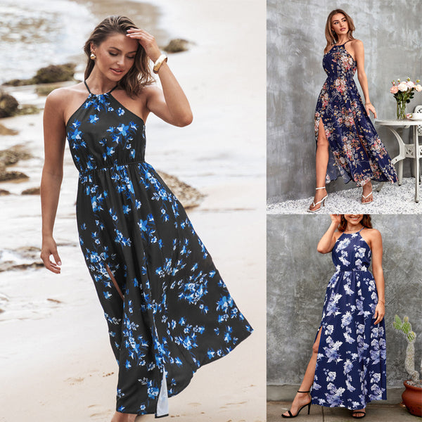 Women's Halter Split Holiday Floral Print Dresses