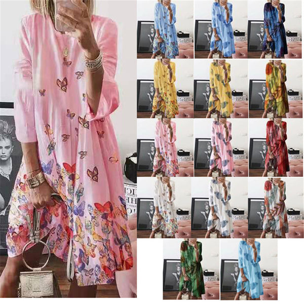 Women's Large Autumn Digital Printed Round Neck Long Dresses