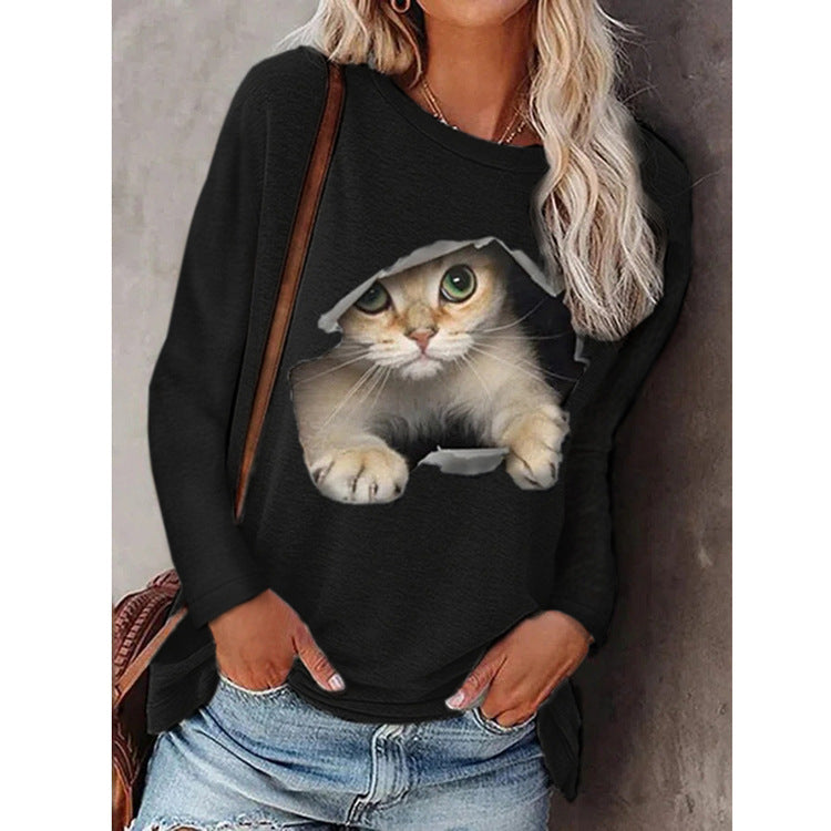 Women's Round Neck Pullover Cat Long Sleeve Blouses