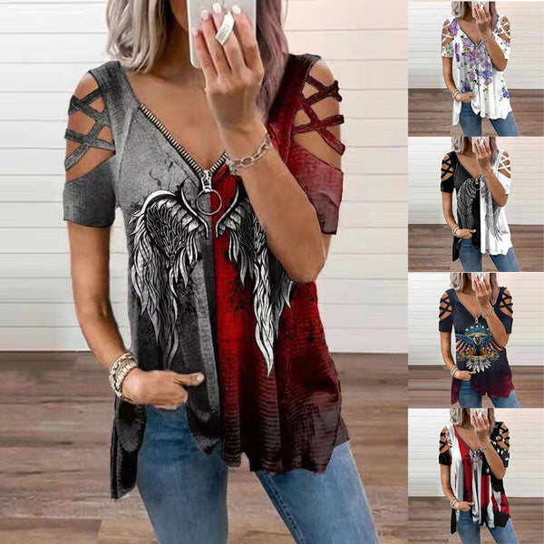 Women's Summer Printing Cross Sleeve Zipper V-neck Blouses