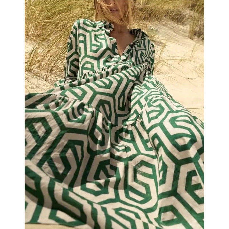 Women's Long Sleeve Collar Green Geometric Pattern Printed Dresses