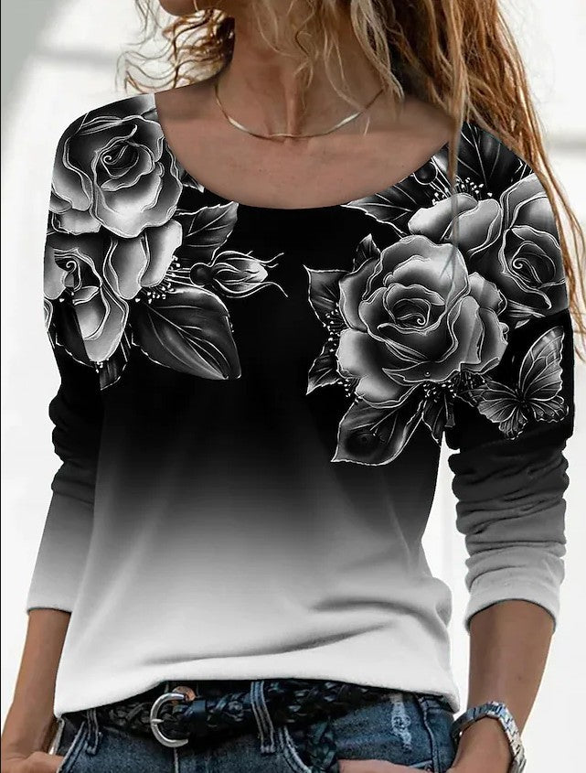 Women's Sleeve Loose Neck Casual Pullover Print Blouses