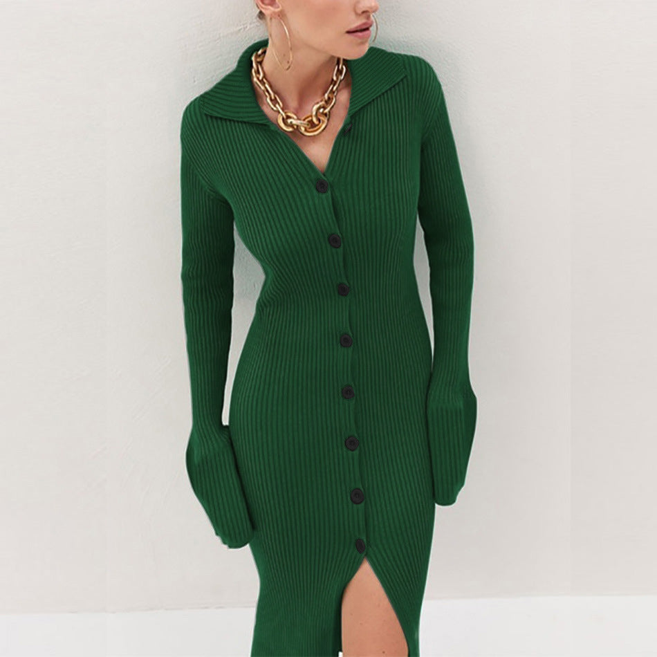 Long Sleeve Lapel Button Bell Bedford Dresses