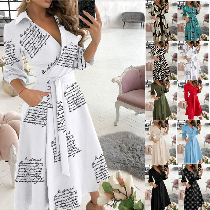 Women's Fashion Long Sleeve V-neck Printed Dress Dresses