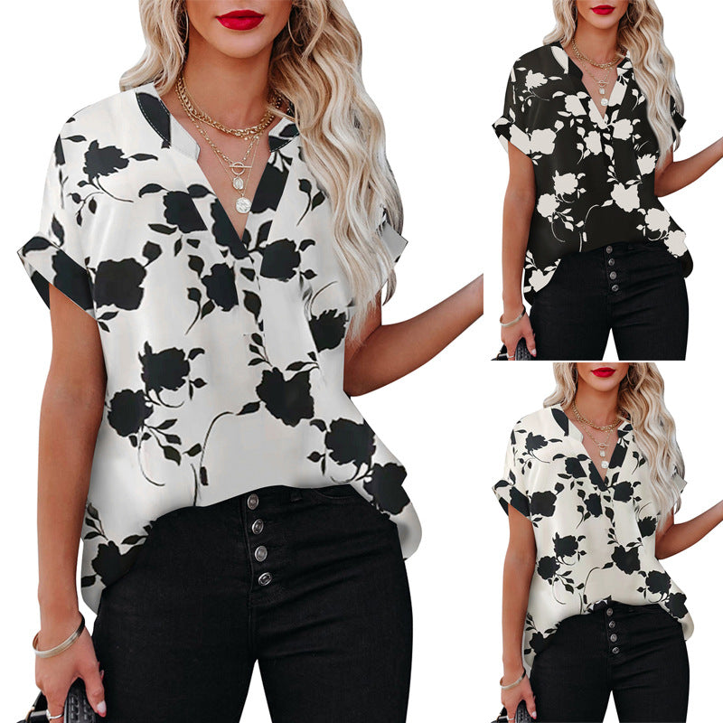 Women's Summer Floral Print Short-sleeved Loose V-neck Blouses