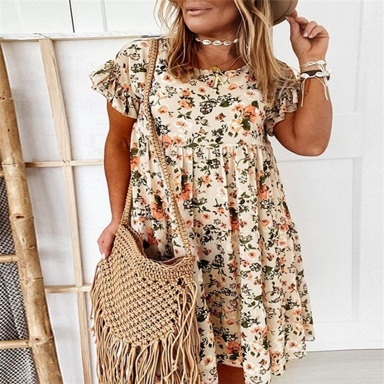 Round Neck Floral Print Sleeve Loose Shorts
