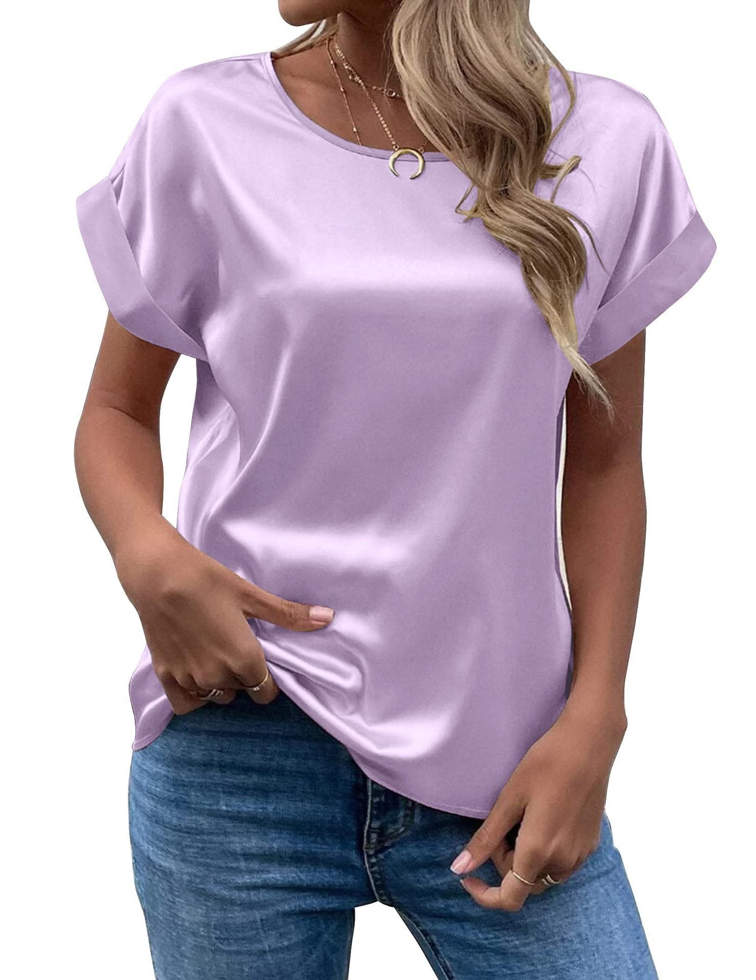 Women's Casual Short-sleeved Satin Loose-fitting Round-neck Blouses