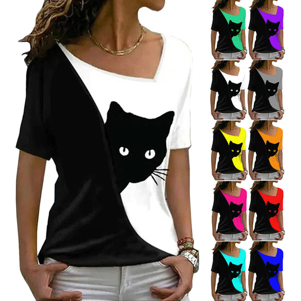 Women's Summer Collar Black Cat Printed Short-sleeved Blouses