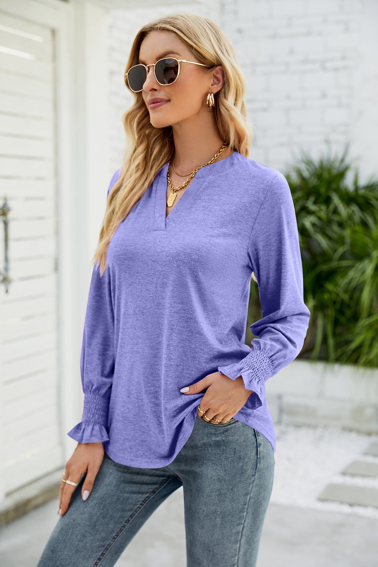 Women's Casual V-neck Solid Color Ruffle Sleeve Loose Tops