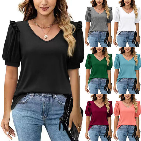 Women's Solid Color V-neck Puff Sleeve Loose Blouses