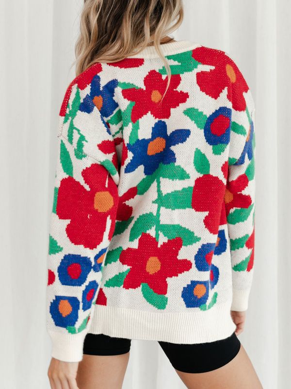 Women's Flower Embroidery Round Neck Loose Long Sleeves Sweaters