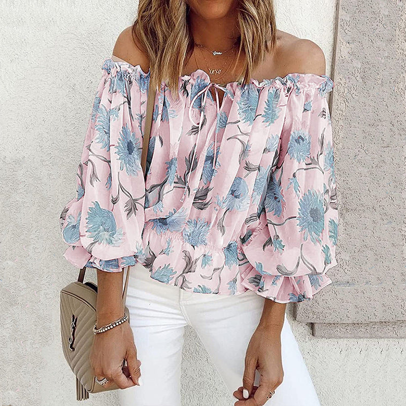 Women's Sexy Off-shoulder Chiffon Loose Printed Long-sleeved Blouses