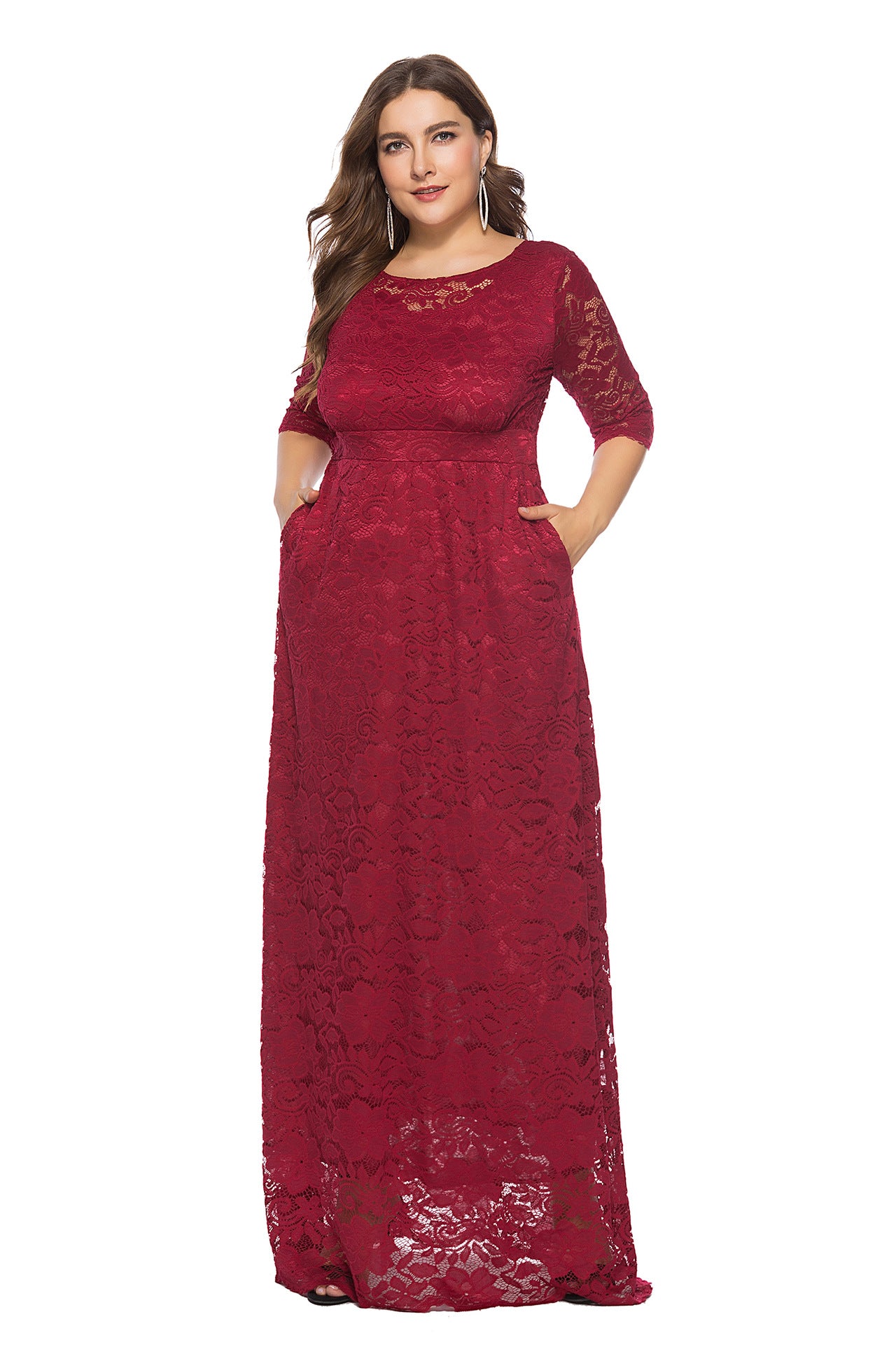 Women's Large Hollow Lace Pocket High Long Dresses