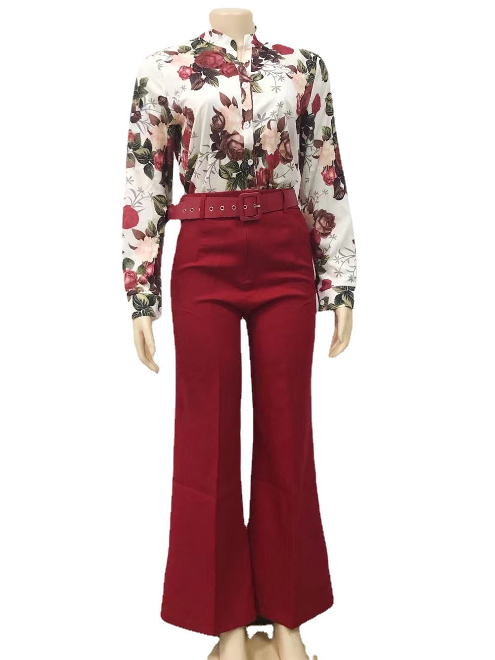 Casual Printed Collar Long Sleeve Shirt Wide Leg Two-piece Suits