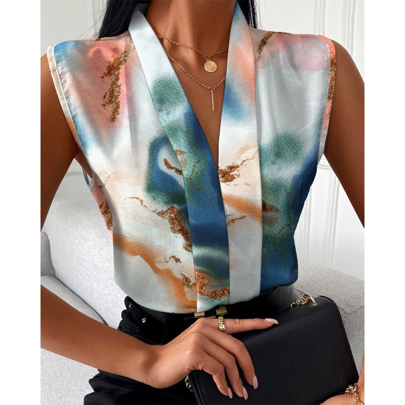 Women's Classic Creative Sleeveless V-neck Printed Blouses