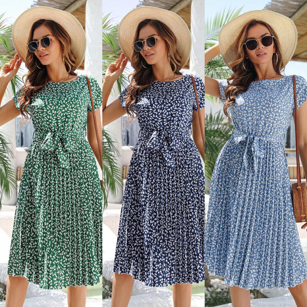 Summer Sleeve Round Neck Floral Tie-neck Dresses