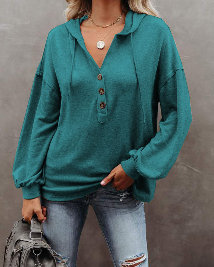 Women's Button Hoodie Casual Loose Solid Color Sweaters