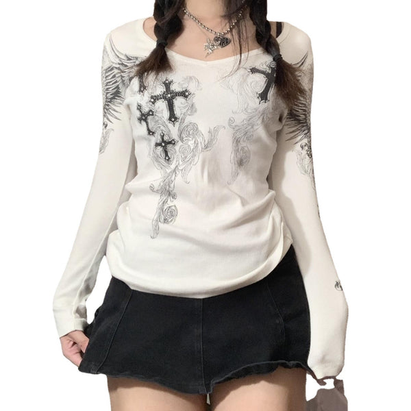 Women's Autumn Slim Fit Rhinestone Printed Round Neck Temperament Blouses