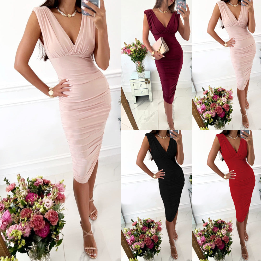 Summer Solid Color Sleeveless V-neck Cinched Dresses