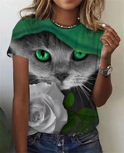 Women's Cat Print Round Neck Sleeve Blouses