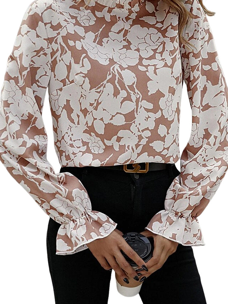 Women's Floral Print Pullover Chiffon Shirt Autumn Tops