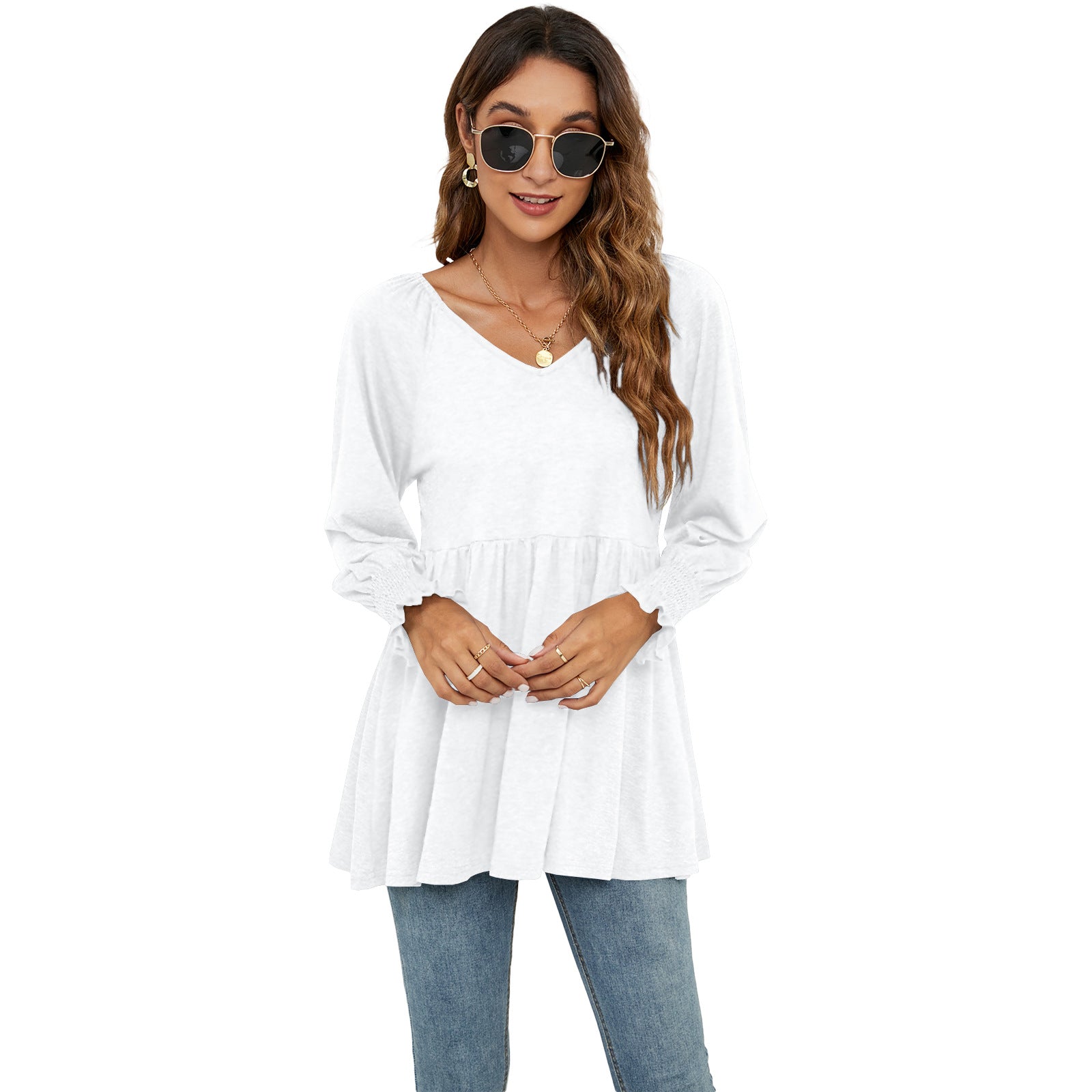 Women's V-neck Bubble Long Sleeve Waist T-shirt Tops