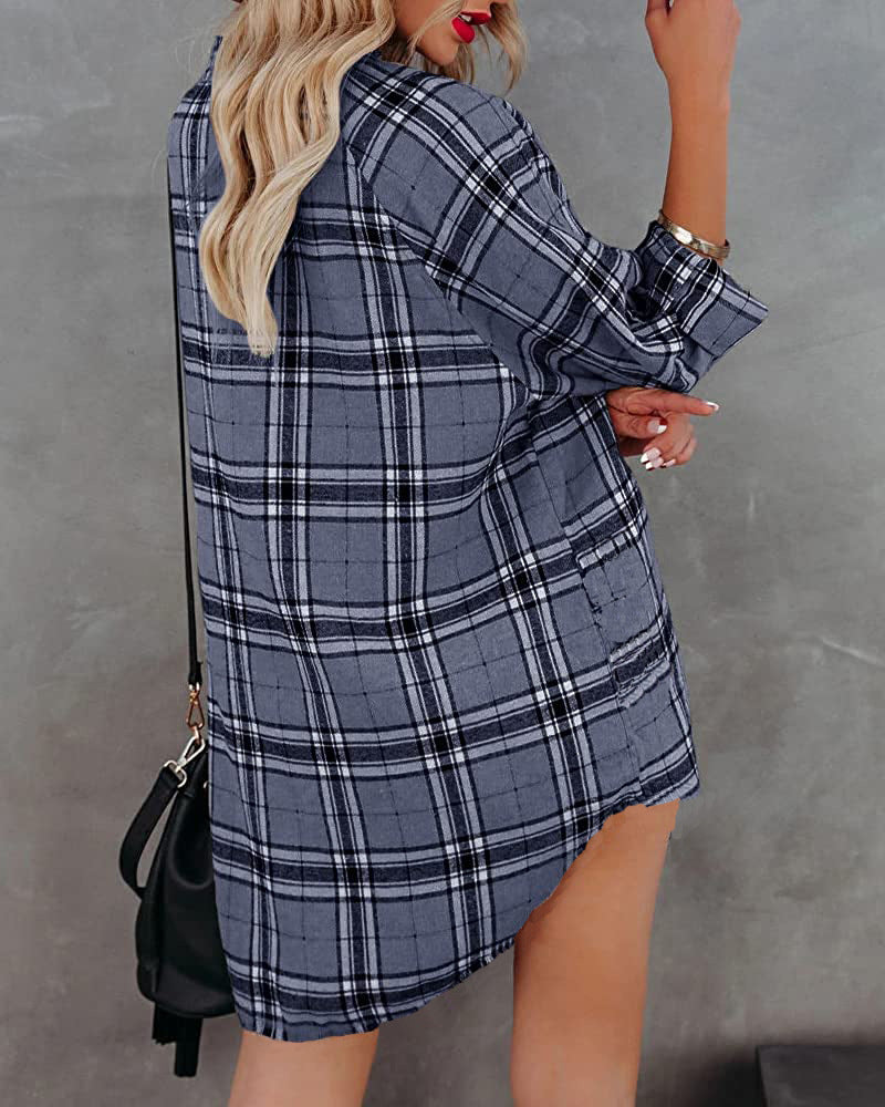 Women's Shirt Plaid Printed V-neck Long Sleeve Blouses