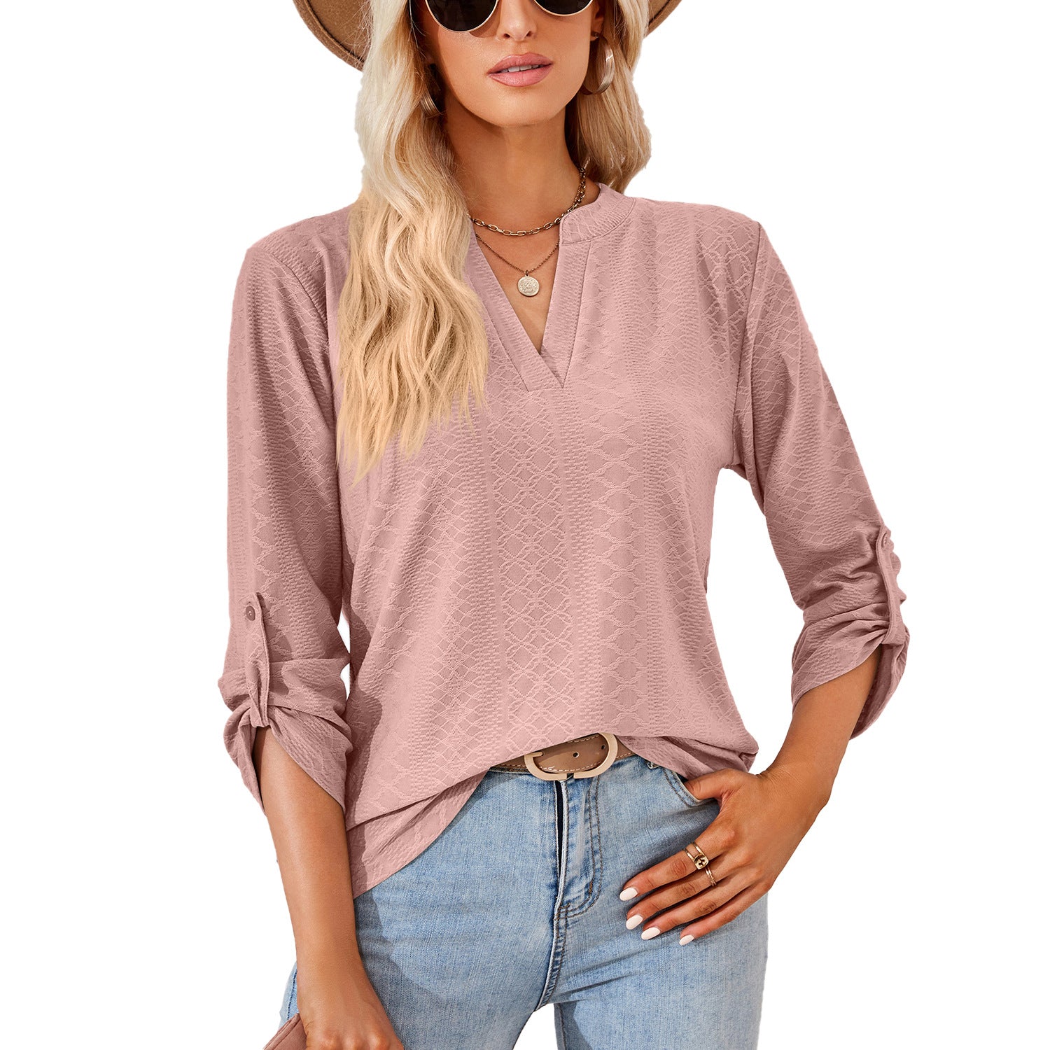 Women's Solid Color And Three-quarter Sleeve Button Blouses