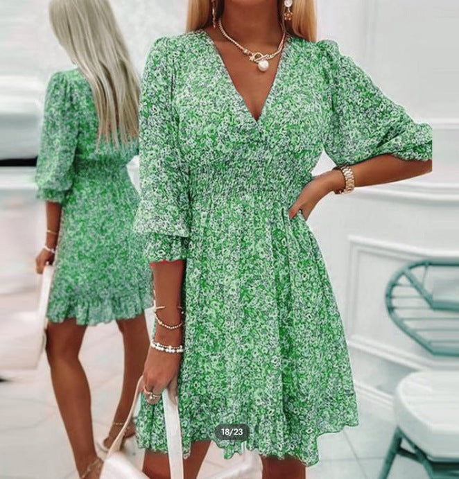 Pullover Print Sleeve Puff Mid-waist Floral Dresses