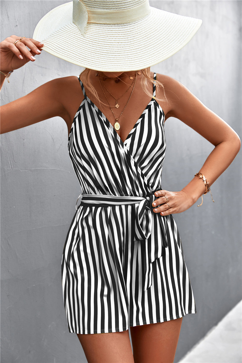 Classy Women's Sexy V-neck Striped Straps Suits