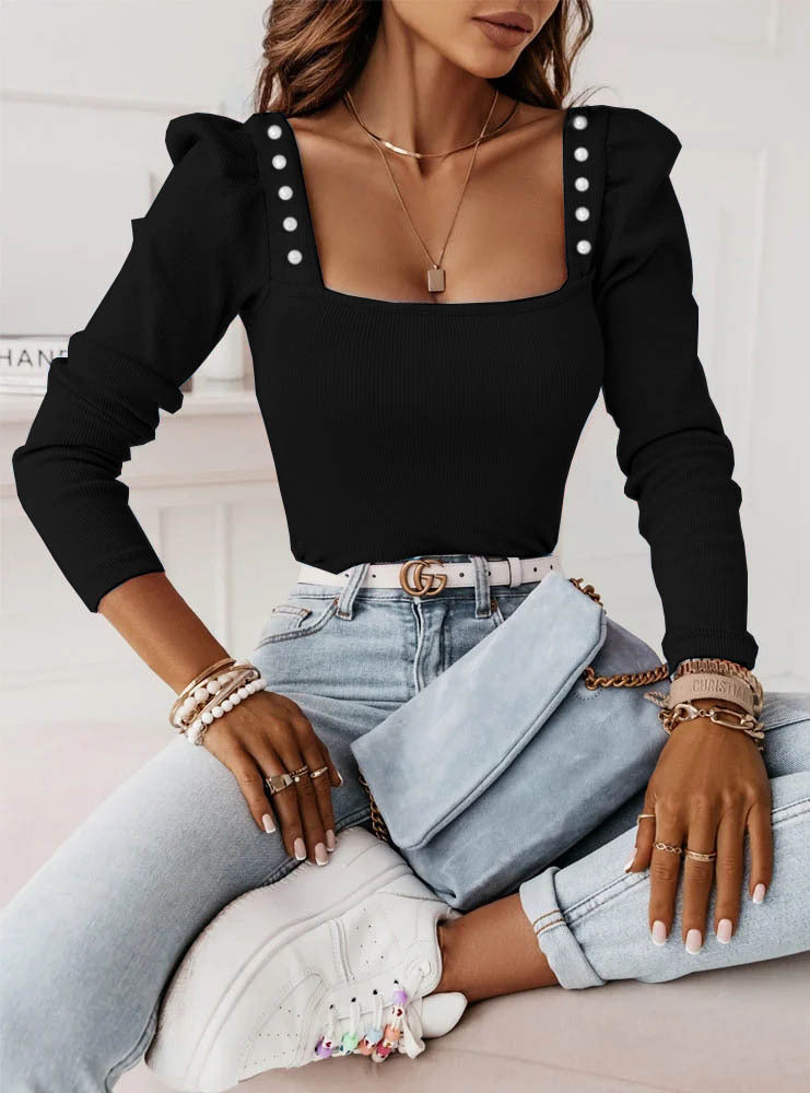 Solid Color Beaded Long Sleeve Sunken Blouses