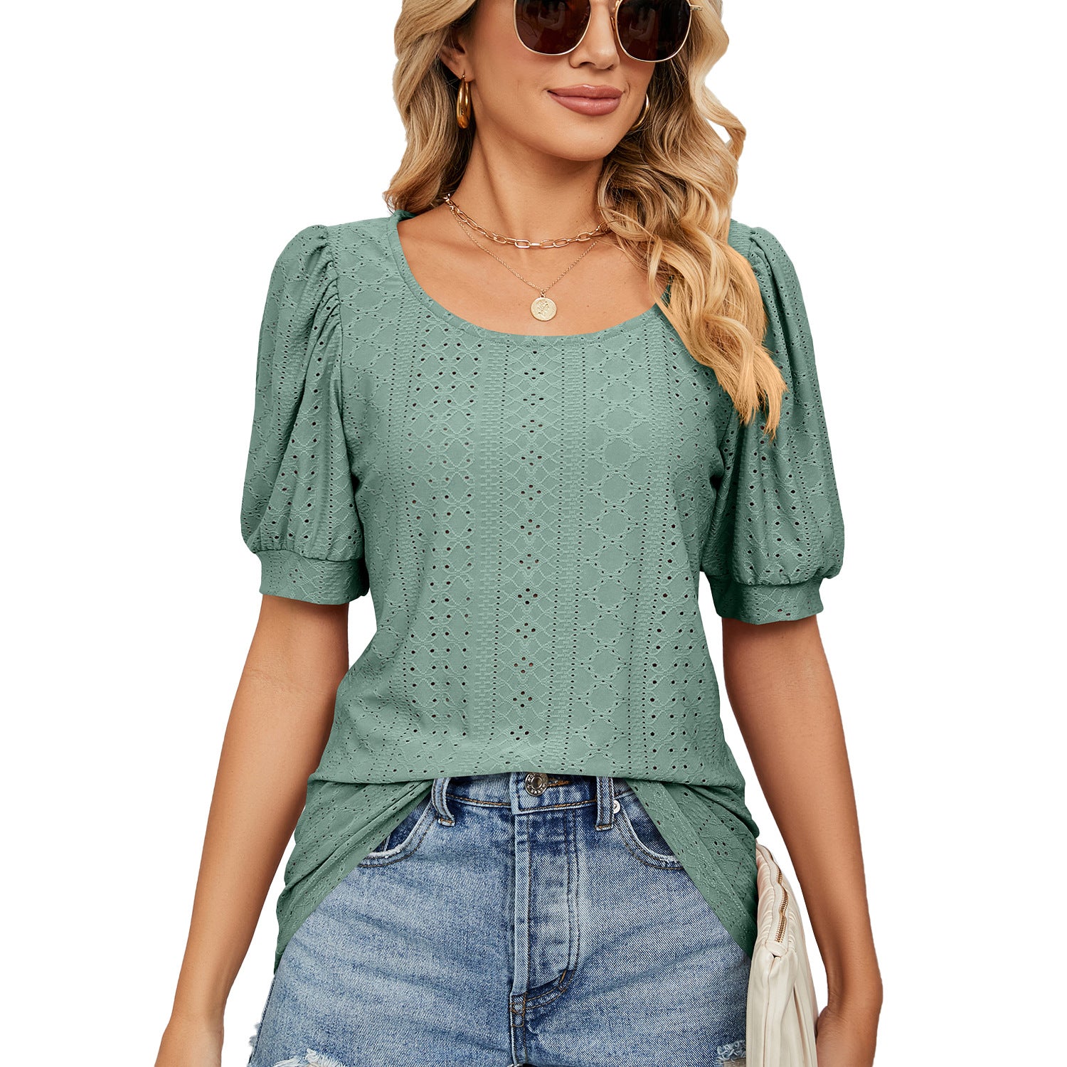 Summer Round Neck Solid Color Hollow Puff Blouses