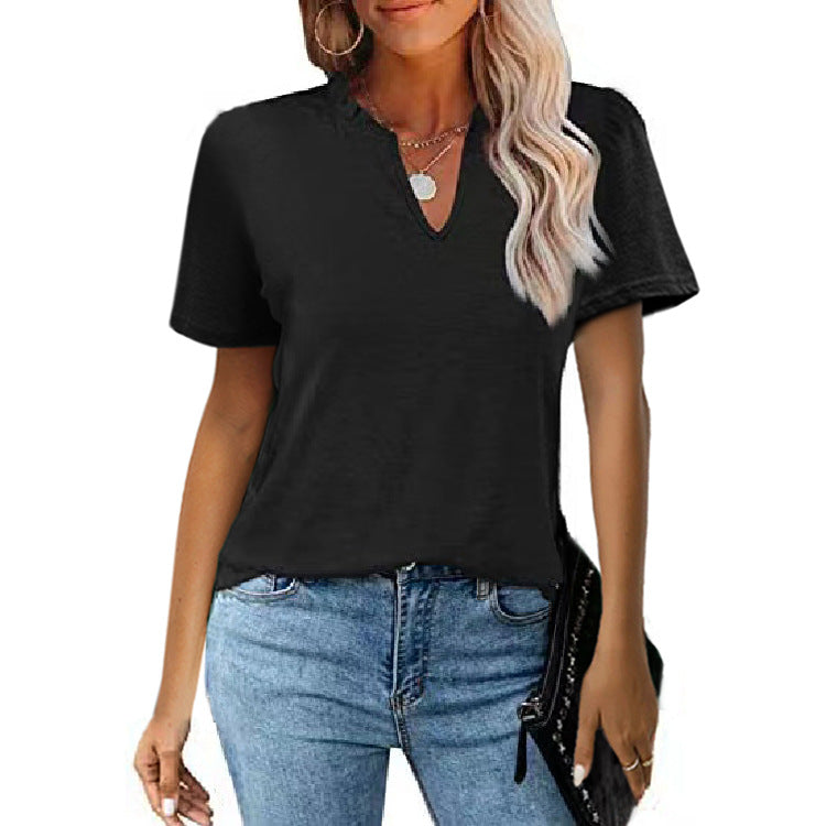 Women's Ruffle V-neck Pleating Casual Short-sleeved T-shirt Blouses