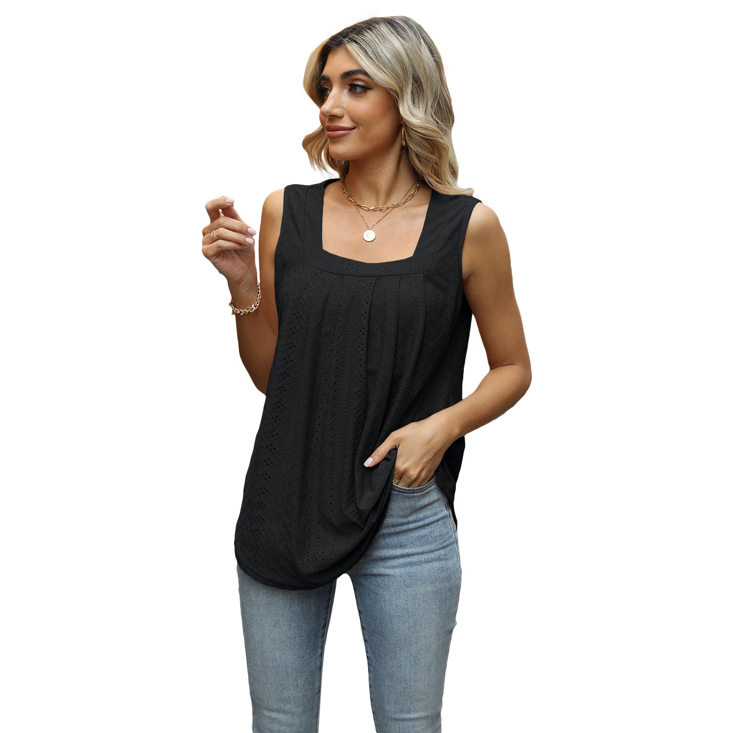 Women's Pleated Hollow-out Square Collar Sleeveless Dovetail Blouses