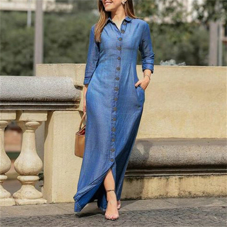 Classic Denim Collar Buttons Long Dress Dresses