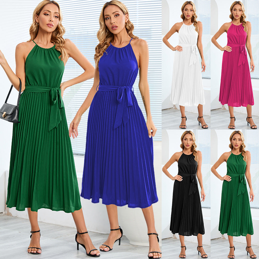 Women's Summer Sexy Thin Straps Sleeveless Pleated Dresses