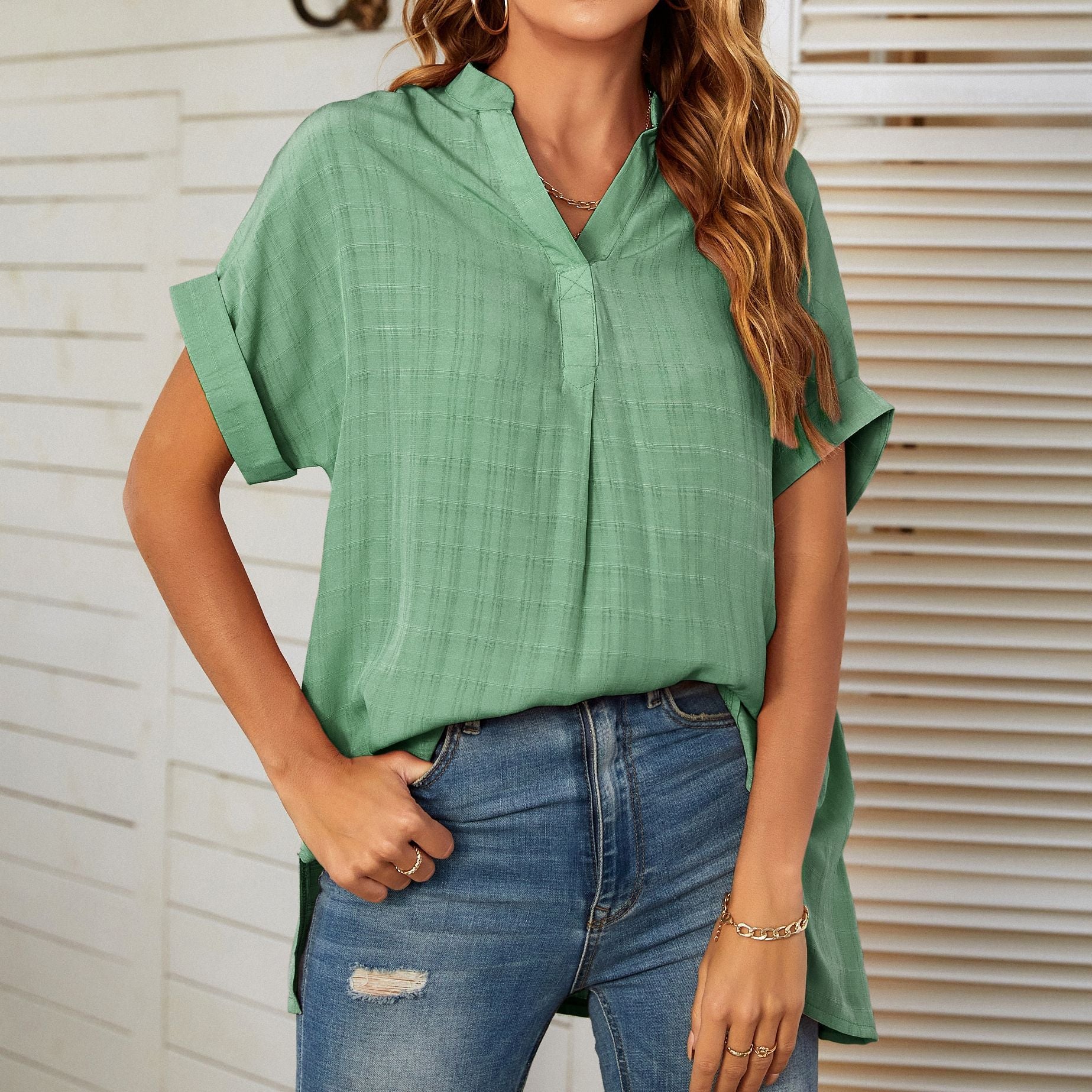 Women's Summer V-neck Sleeve Striped Thin Loose Blouses