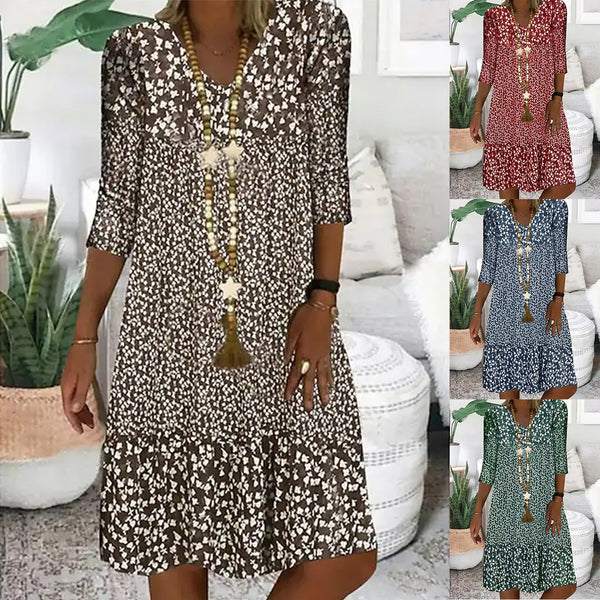 Women's Summer Floral Print Mid-length Sleeves V-neck Dresses