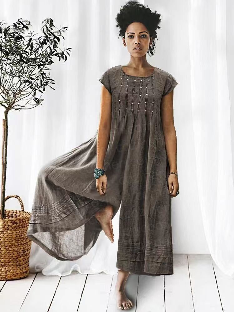 Loose Linen Pleated Sleeves One Piece Jumpsuits