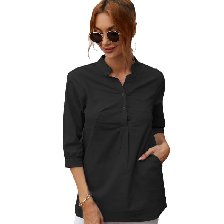 Women's Three-quarter Length Sleeve Stand Collar Cotton And Linen Leisure Blouses