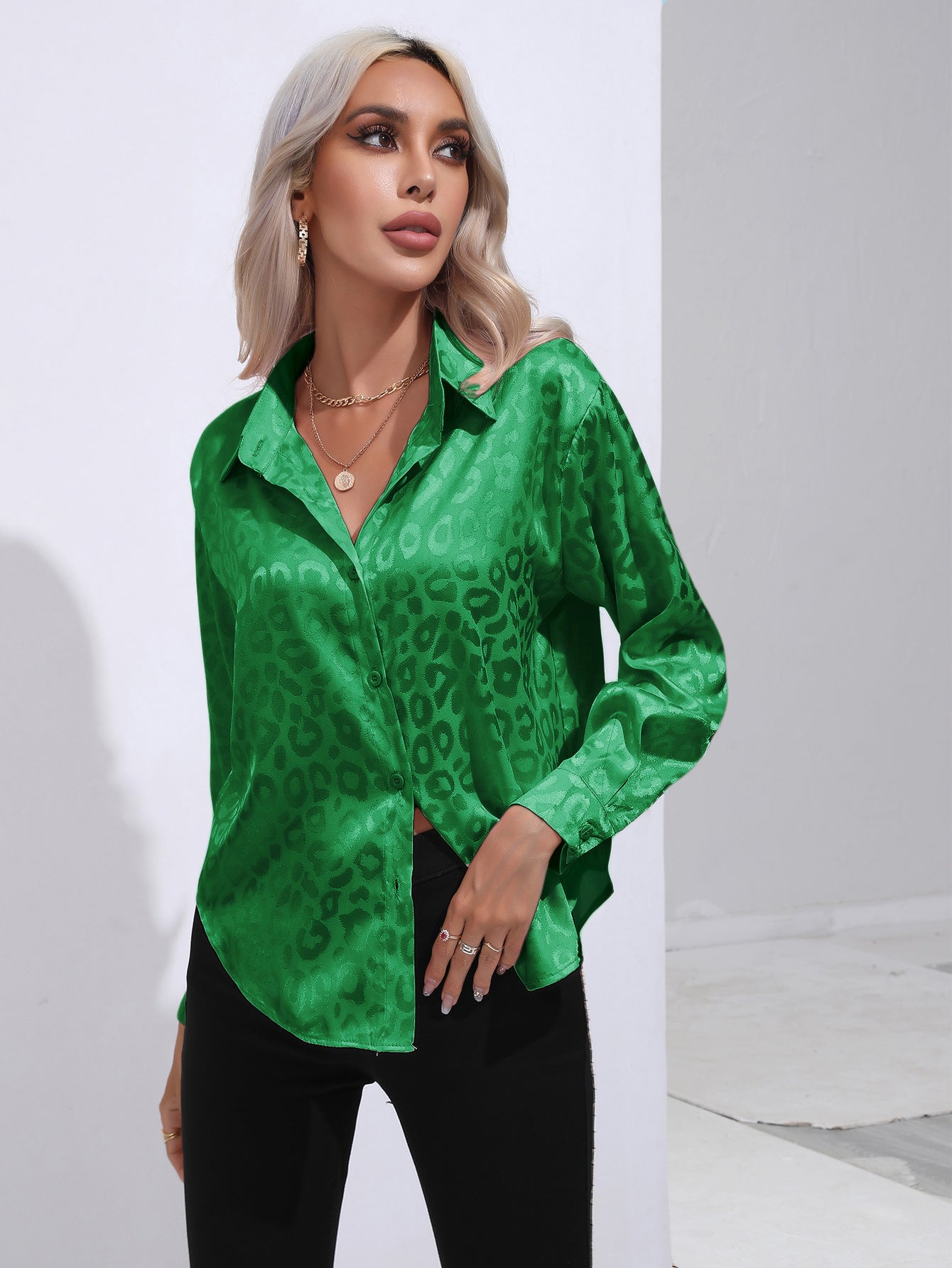 Women's Leopard Print Satin Shirt Long Sleeve Blouses