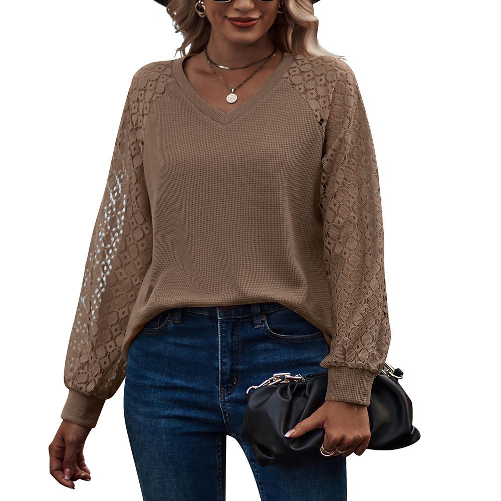 Women's Lace Puff Sleeve V-neck Long Tops