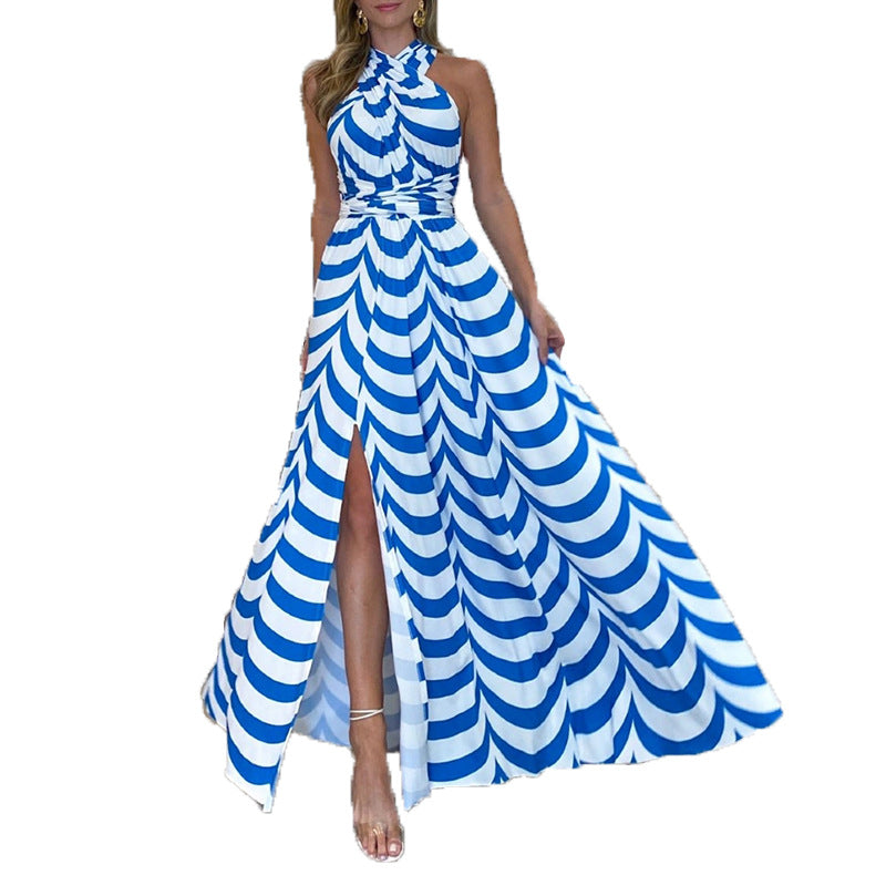 Women's Clear Sweet Stripes Halter High Waist Dresses