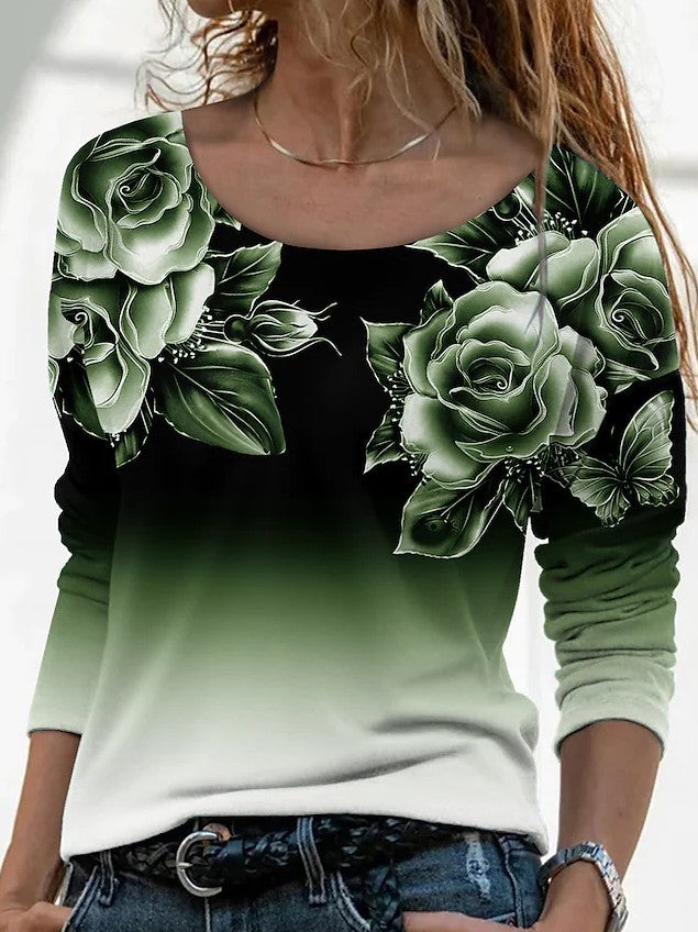 Women's Sleeve Loose Neck Casual Pullover Print Blouses