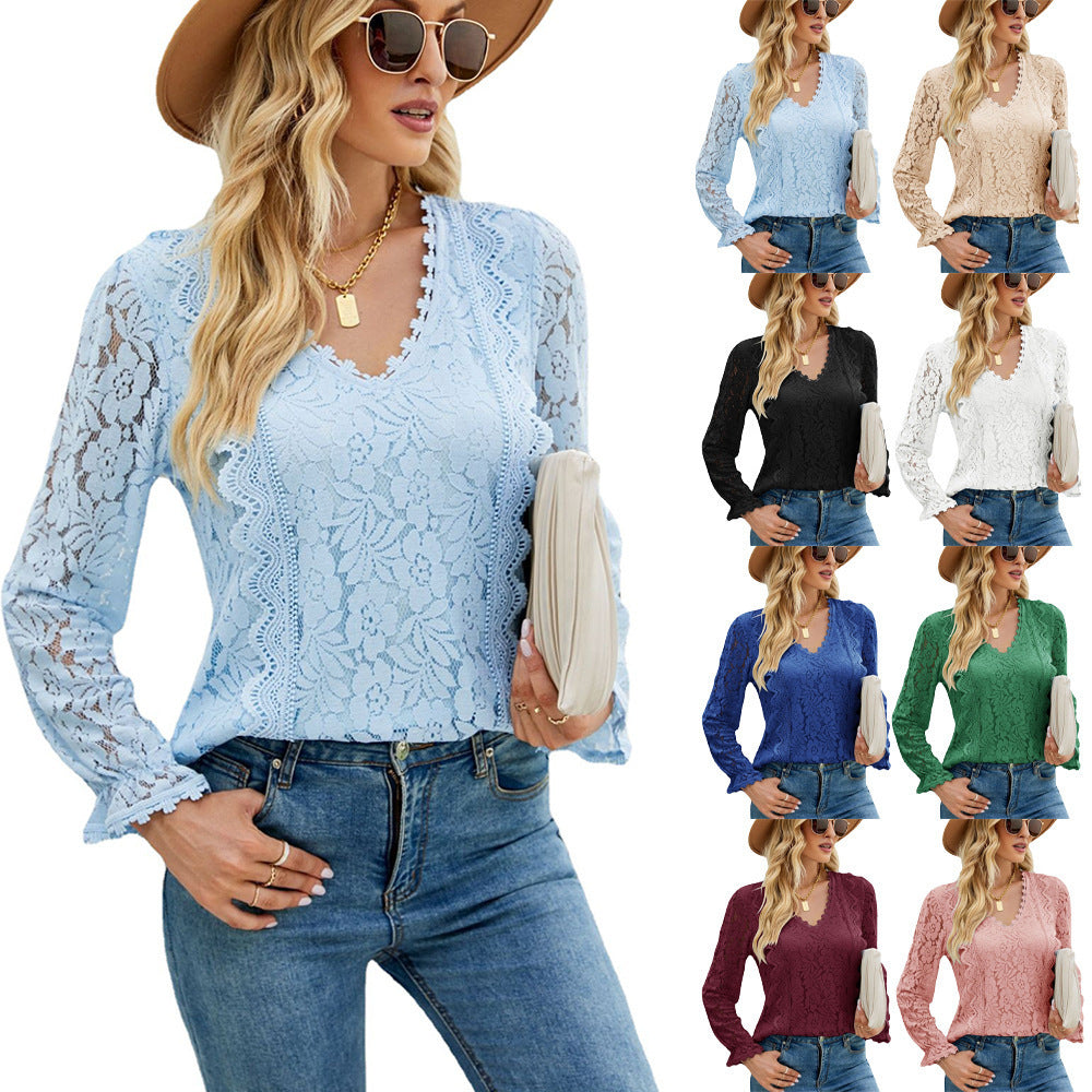 Women's Solid Color Hollow-out Sexy Long-sleeved Blouses